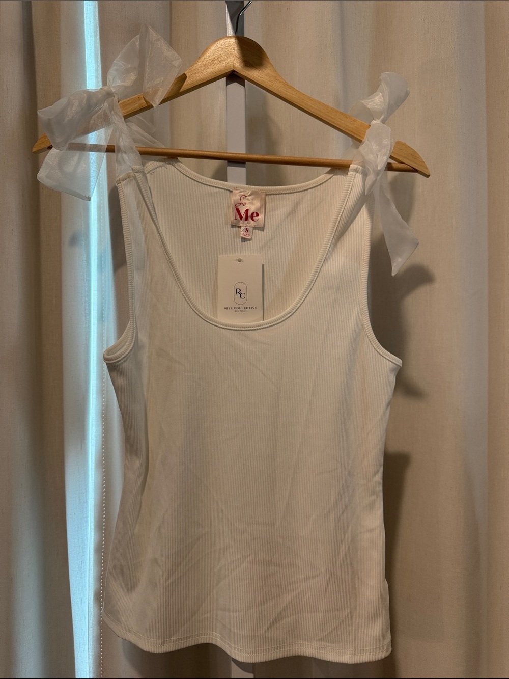 So Me White Ribbed Tank with Sheer Tie Straps